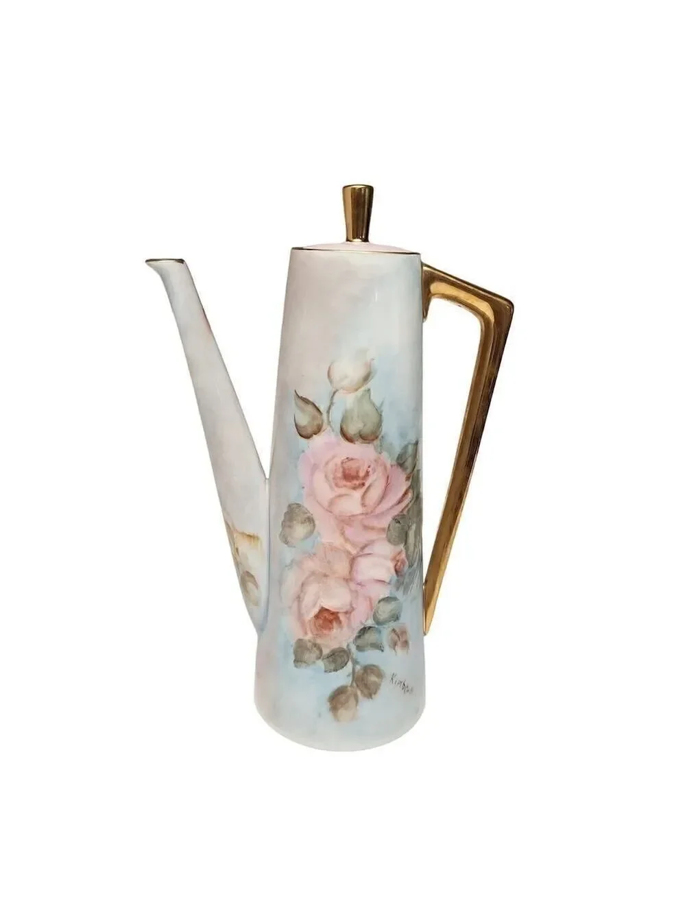 VINTAGE 1970s  HAND PAINTED COFFEE TEA POT, ROSES & GOLD